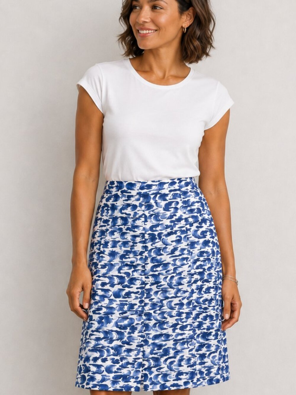 Reiss Stara Pleated Blue & White Swirl Print Skirt, Size 8